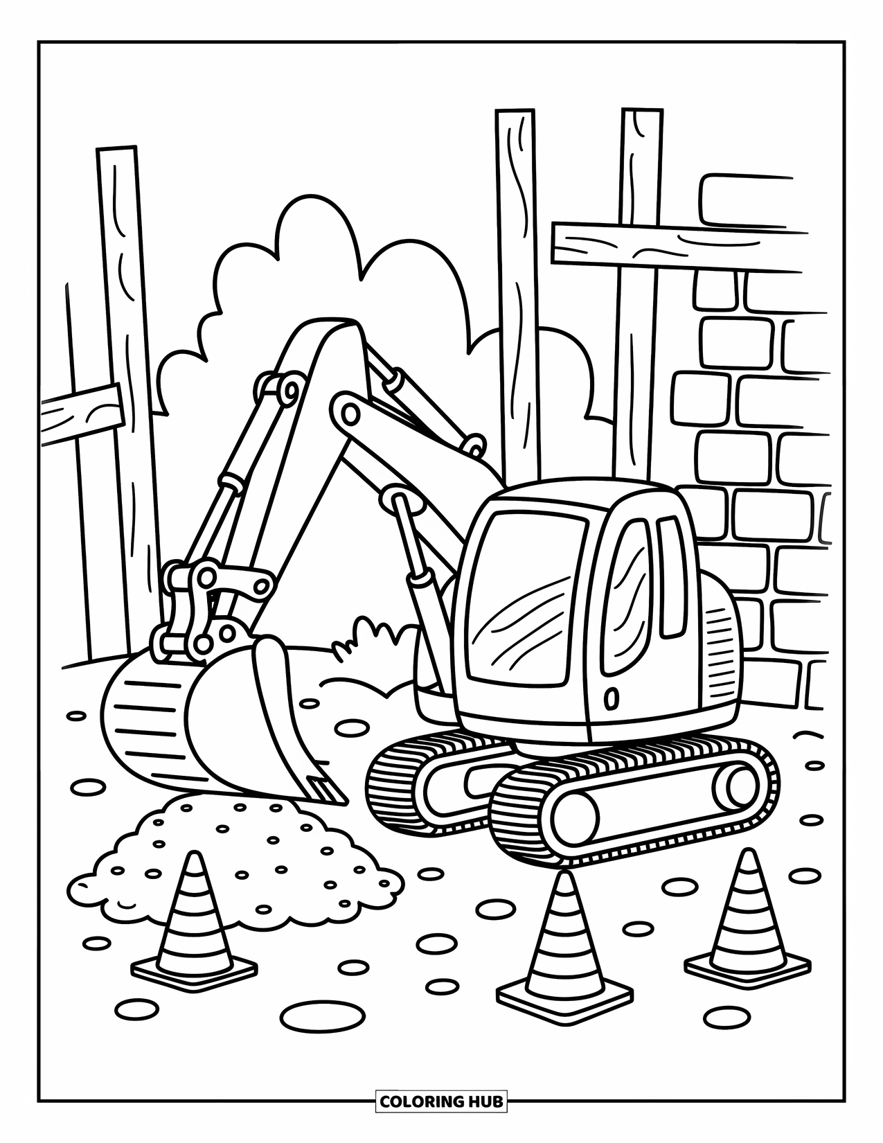 Construction Vehicle Coloring Page for Adults: An excavator lifts soil with cones, barrier, and wooden beams in the background