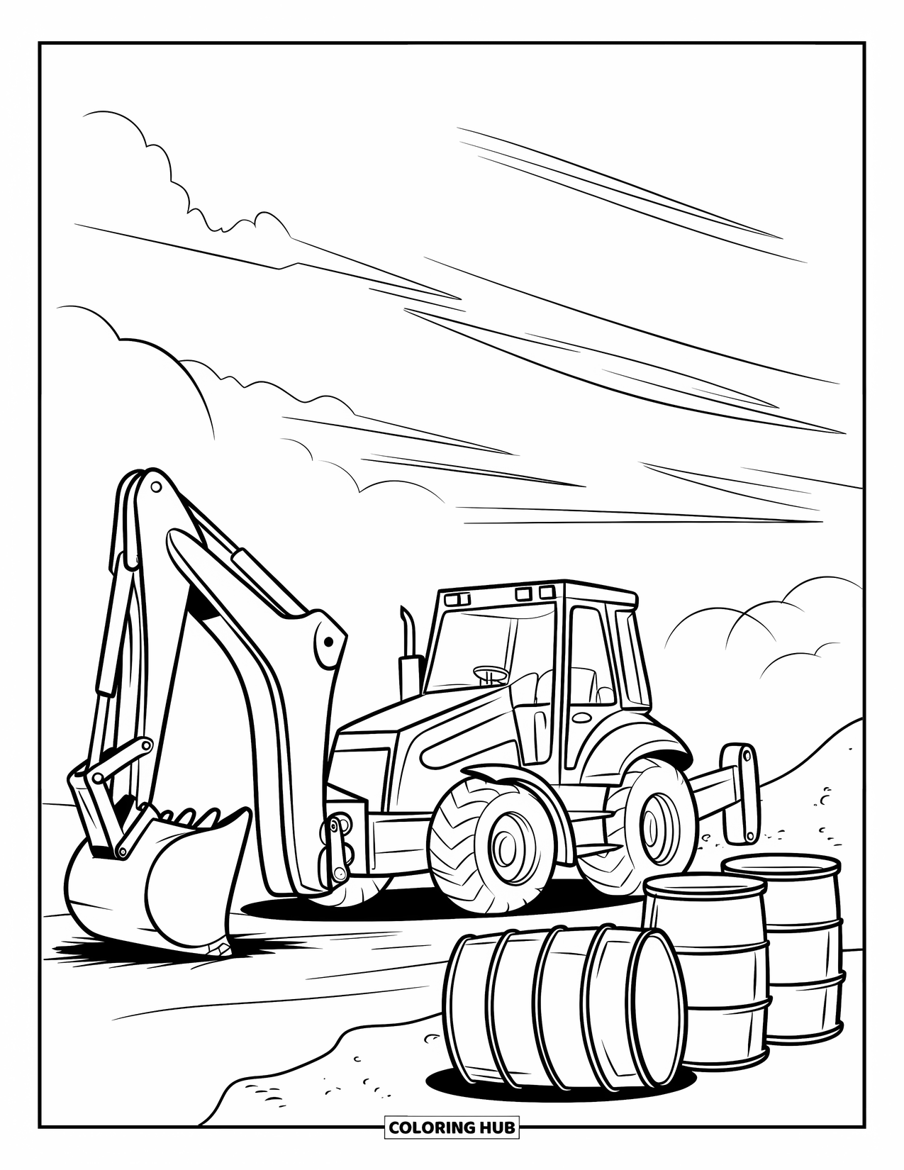 Construction Vehicle Coloring Page for Kids: A backhoe digs beside barrels under a clear sky