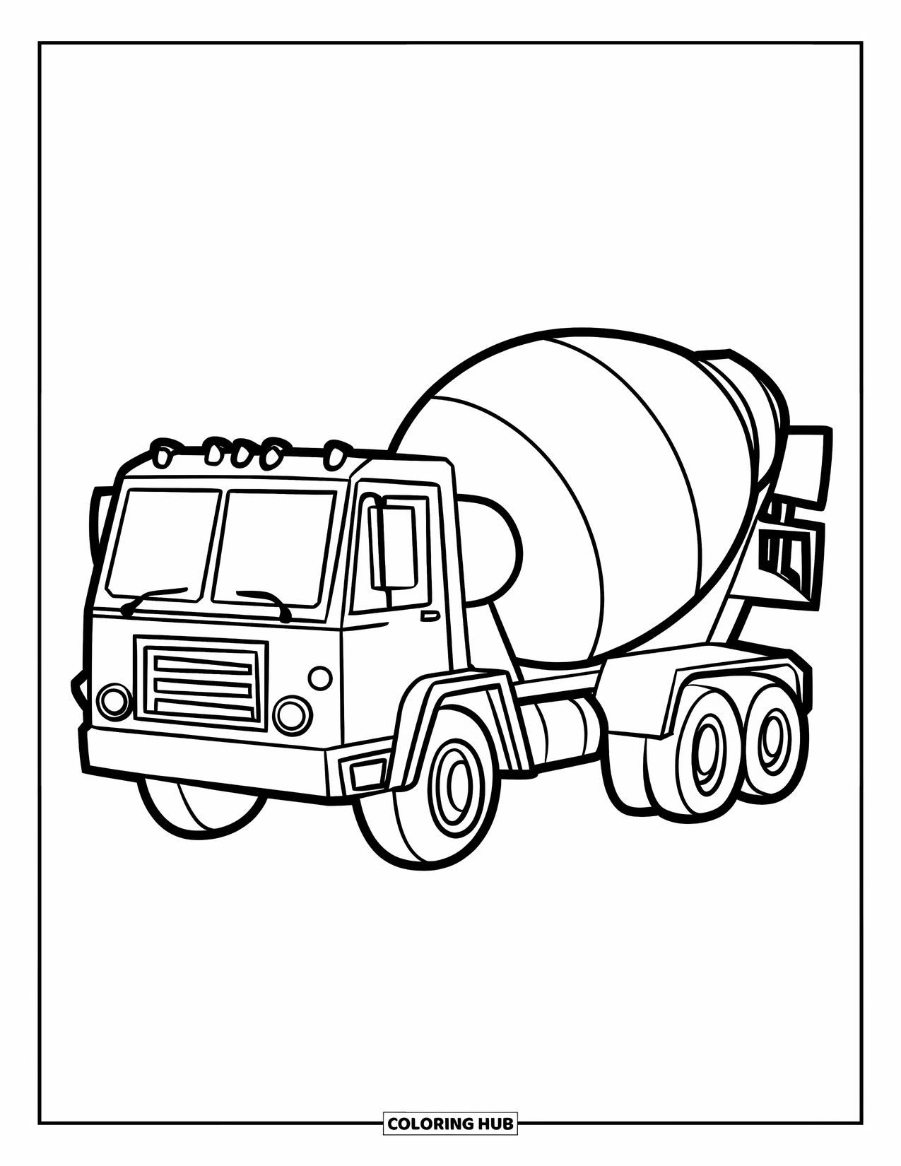 Construction Vehicle Coloring Page for Kids: A cement mixer truck with a turning drum is simple and playful