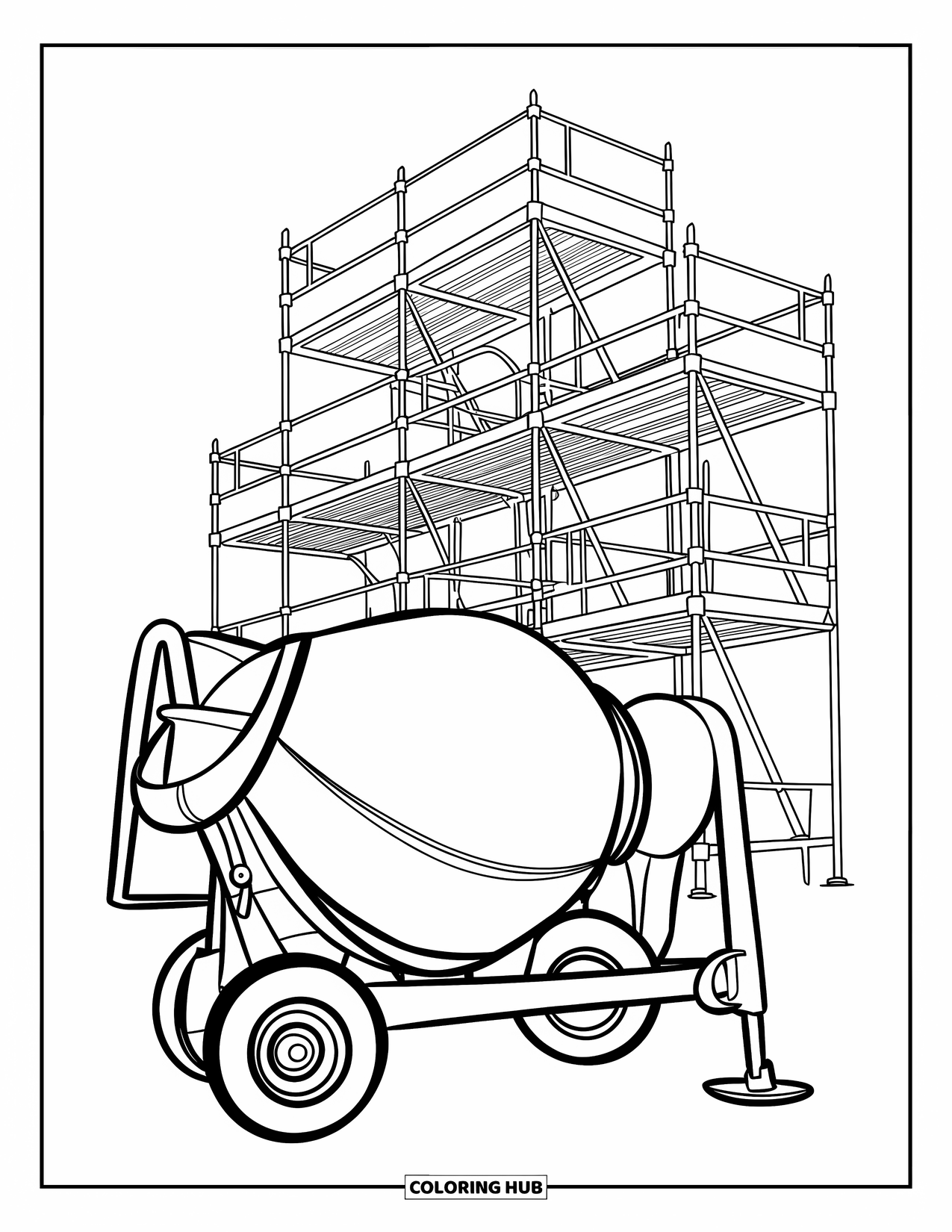 Construction Vehicle Coloring Page for Kids: A cement mixer turns its drum with scaffolding behind