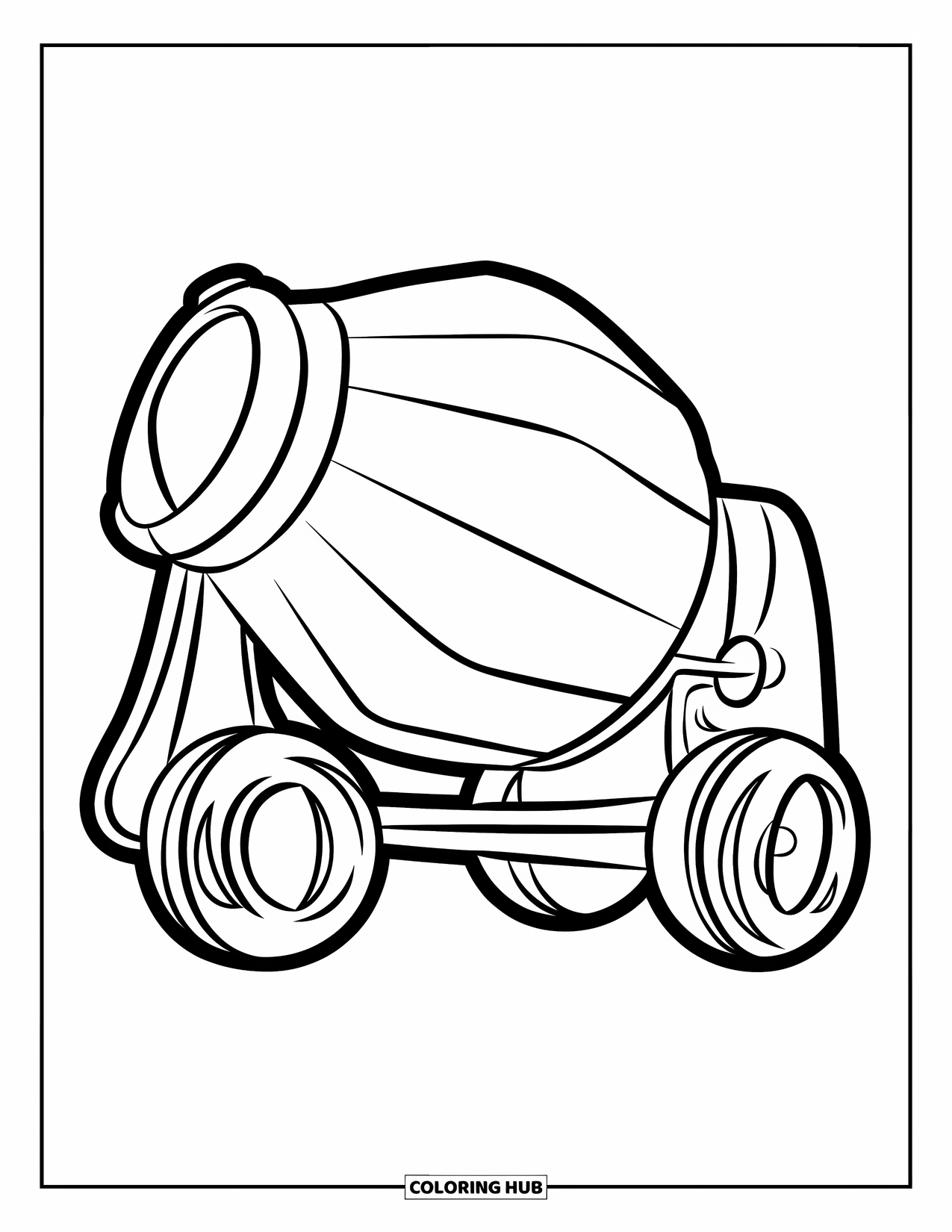 Construction Vehicle Coloring Page for Kids: A cheerful cement mixer with a big turning drum is ready for preschoolers