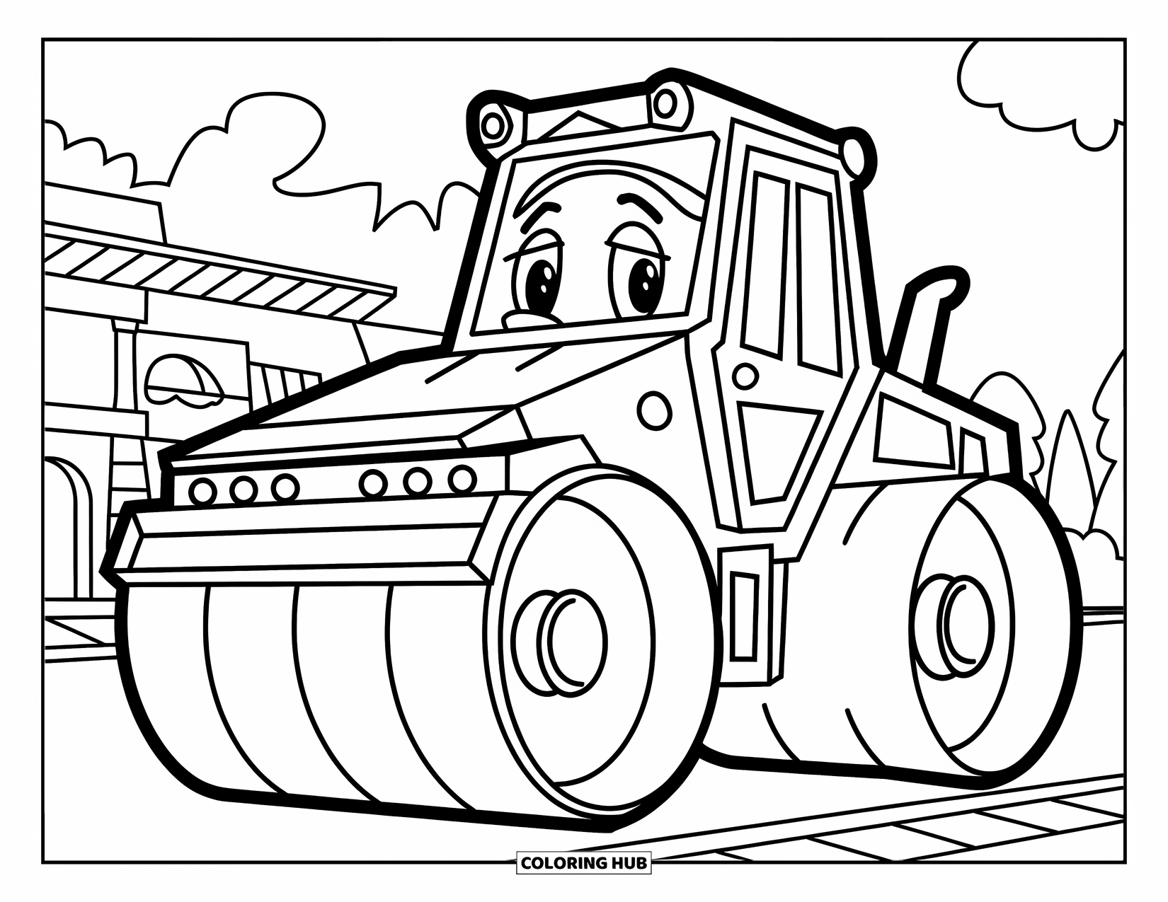 Construction Vehicle Coloring Page for Kids: A cheerful road roller with wide wheels works near a building and trees