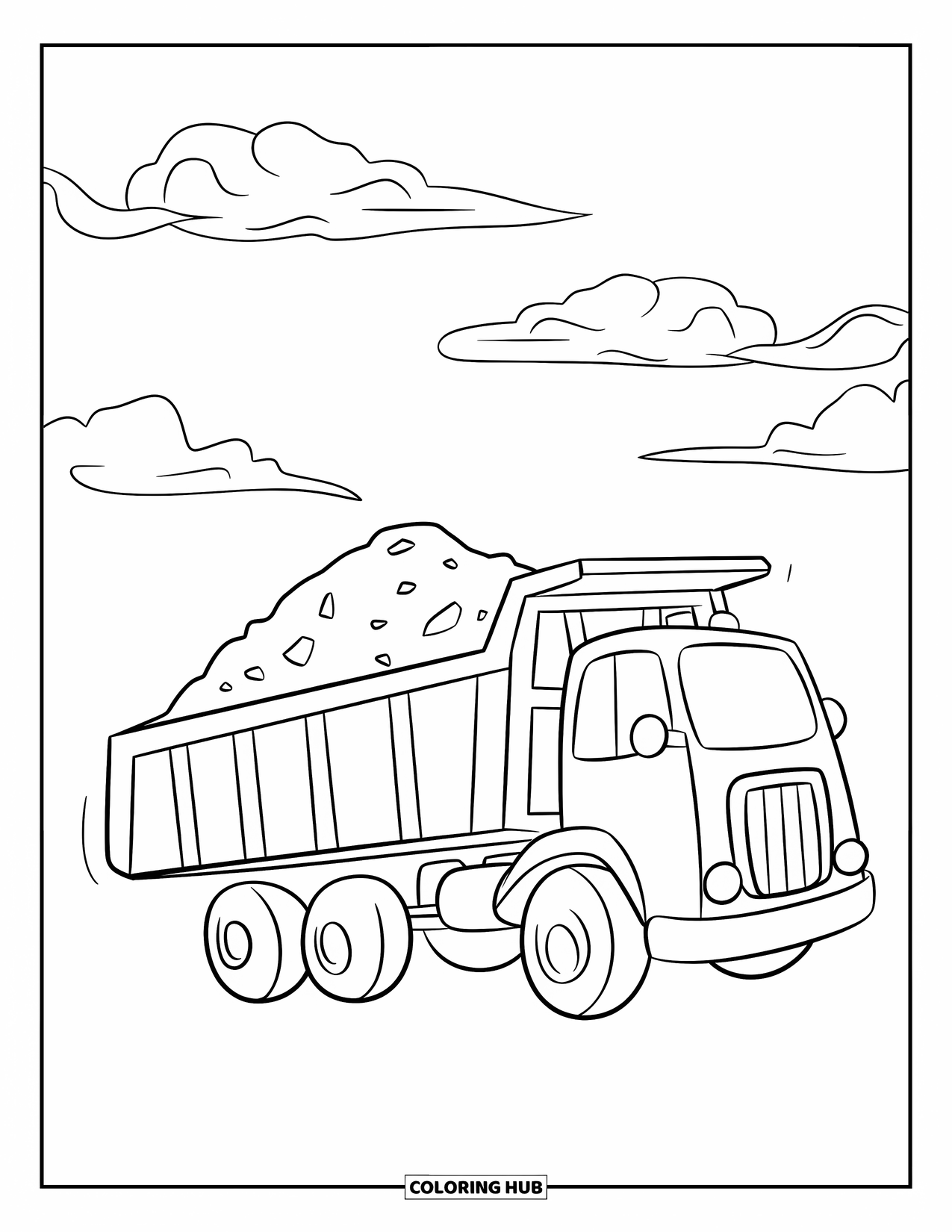 Construction Vehicle Coloring Page for Kids: A dump truck with a flatbed carries dirt and rocks under clear skies