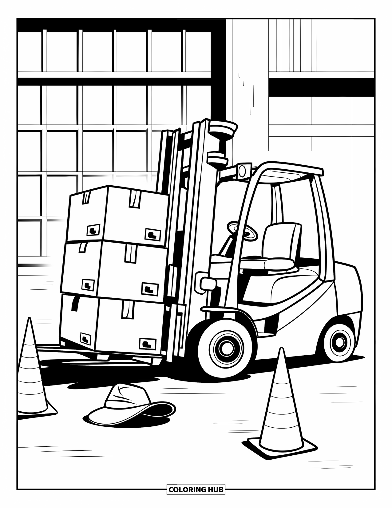 Construction Vehicle Coloring Page for Kids: A forklift stacks boxes near cones inside a warehouse