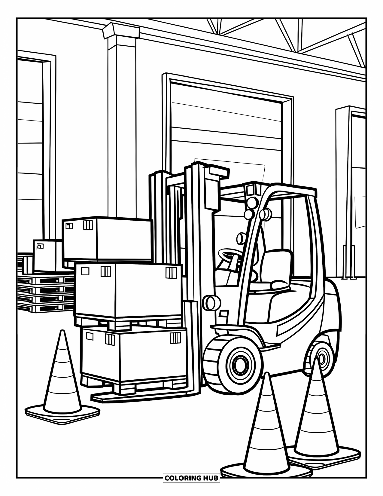 Construction Vehicle Coloring Page for Kids: A forklift with a happy face stacks boxes with cones and pallets nearby