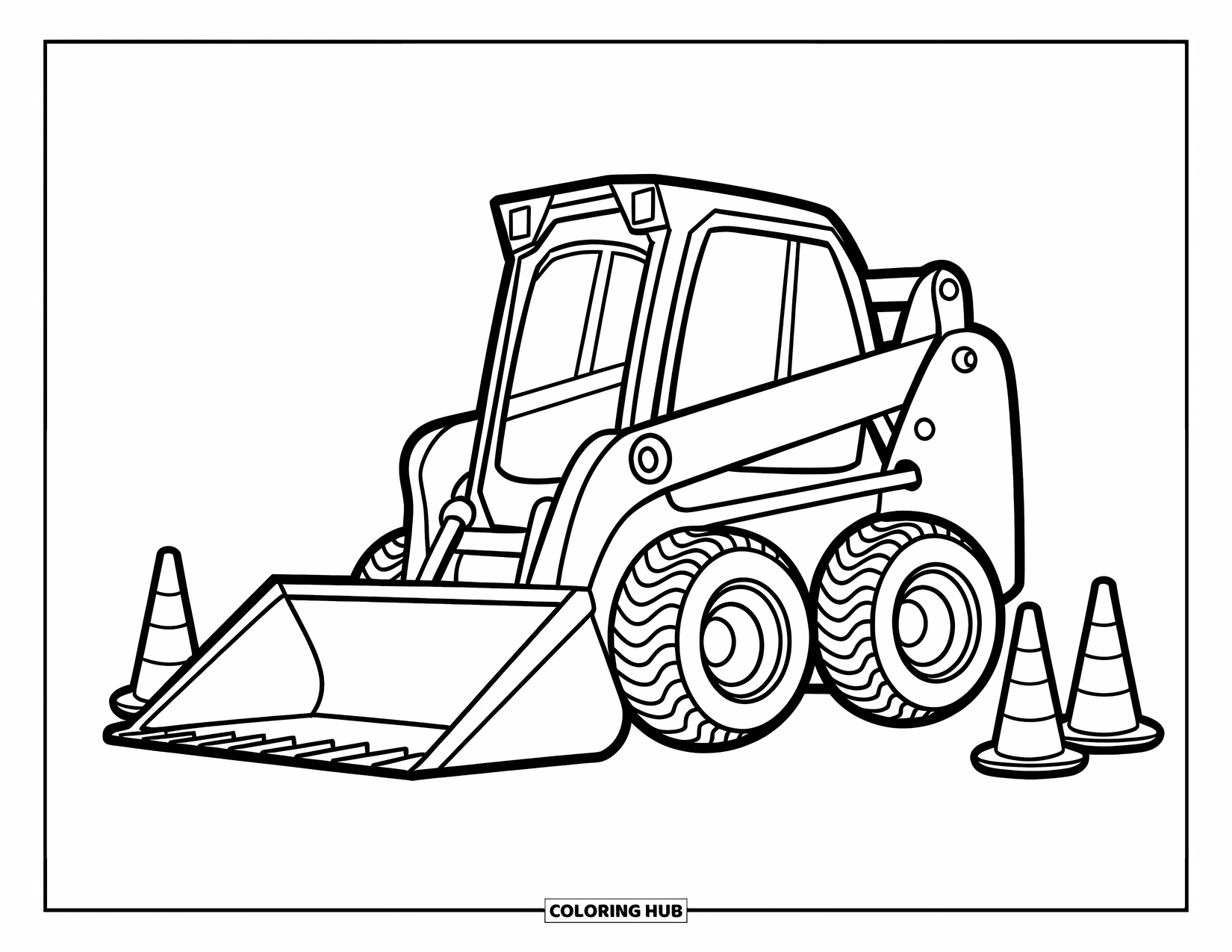 Construction Vehicle Coloring Page for Kids: A skid steer loader is parked next to safety cones