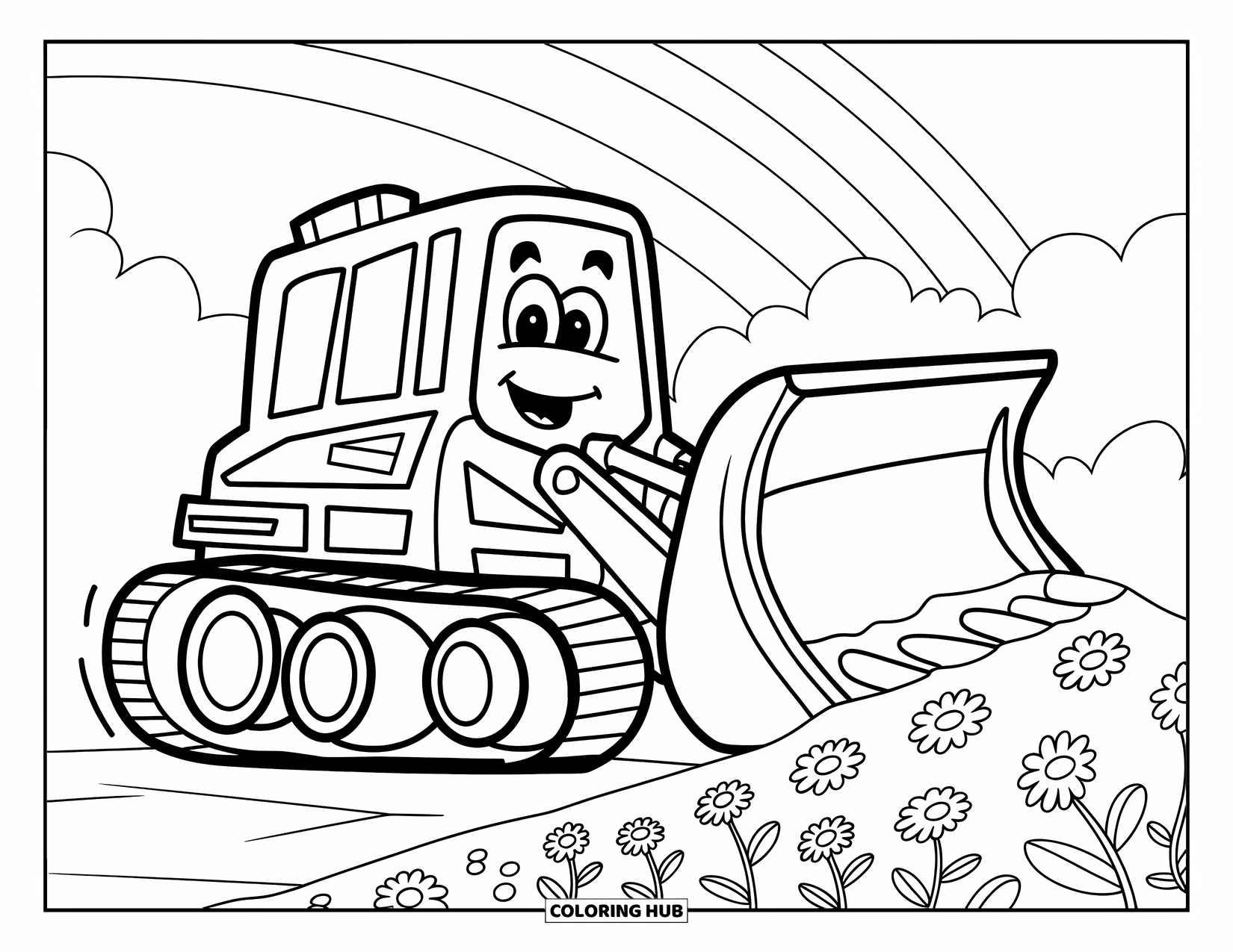 Construction Vehicle Coloring Page for Kids: A smiling bulldozer pushes soil covered in flowers under a rainbow