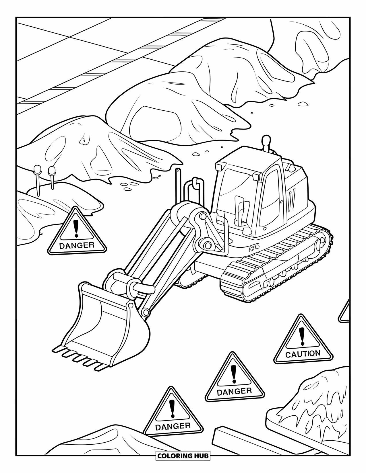 Construction Vehicle Coloring Page for Kids: A trench digger with rotating arm works among dirt piles and caution signs