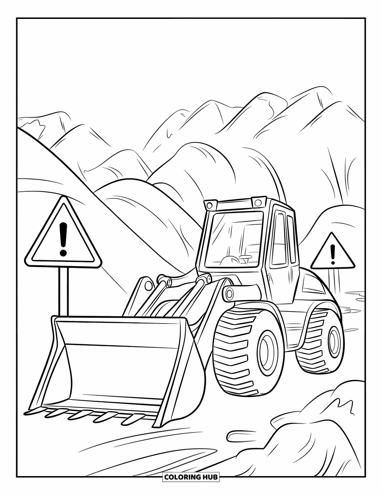 Construction Vehicle Coloring Page for Kids: A trench digger works near dirt mounds and warning signs