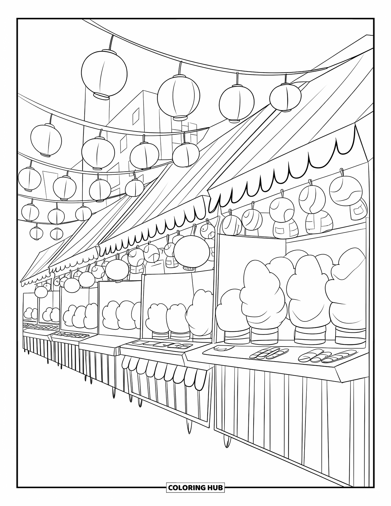 Cotton Candy Coloring Page for Adults: A cheerful market scene with cotton candy stands, lanterns, and city buildings