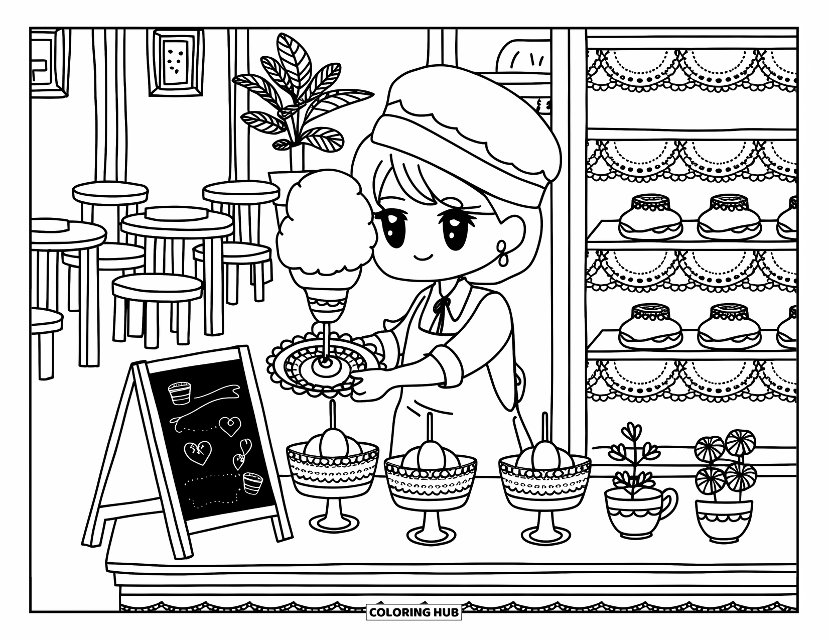 Cotton Candy Coloring Page for Adults: A chibi barista offers cotton candy in a café filled with jars, plants, and doodles