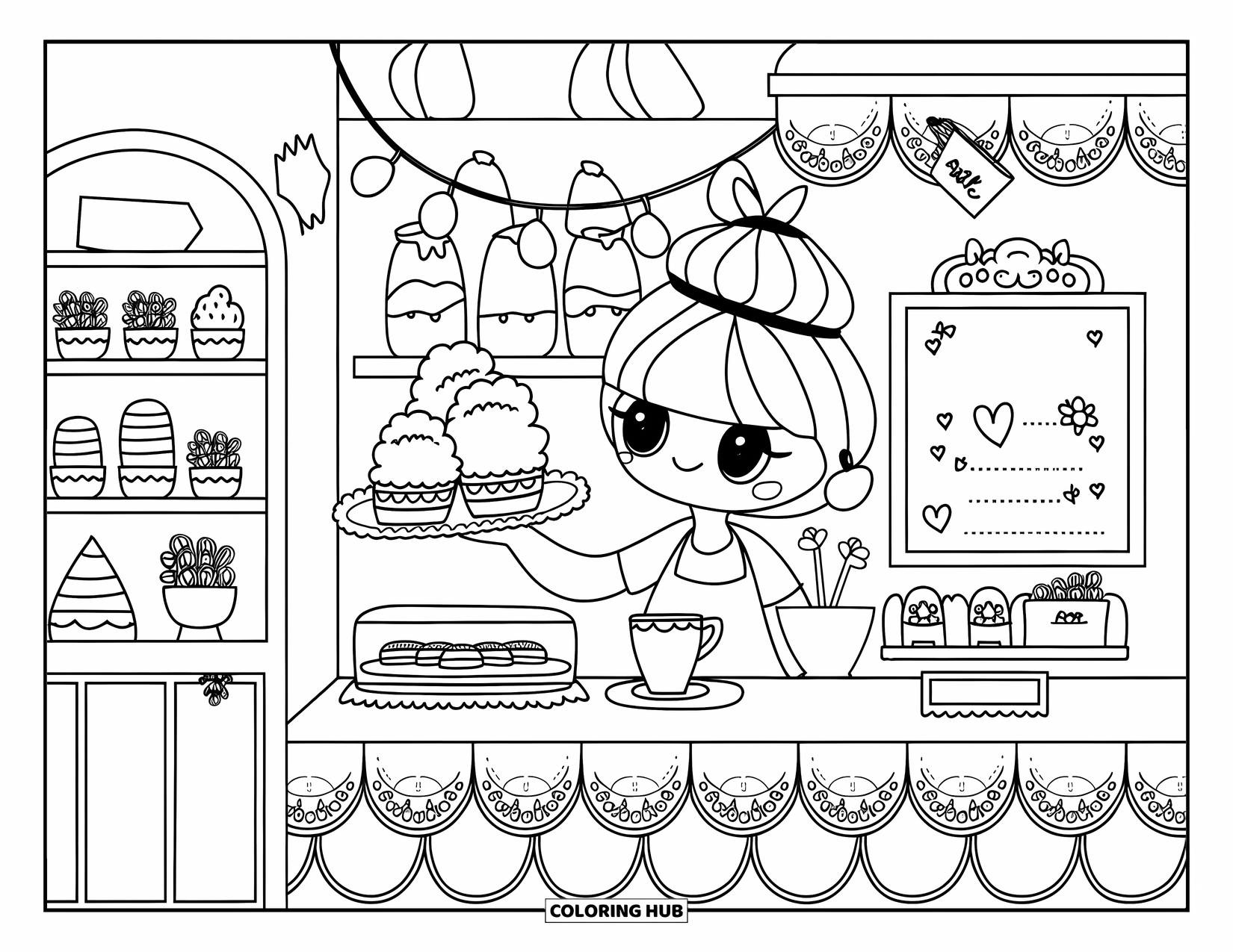 Cotton Candy Coloring Page for Adults: A chibi barista serves cotton candy on a tray in a cozy café with dessert jars
