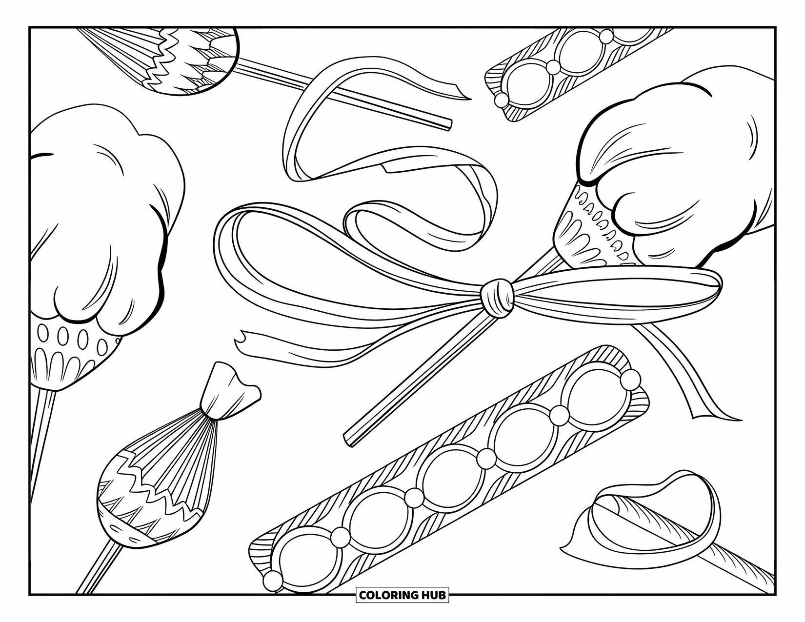 Cotton Candy Coloring Page for Adults: An artistic mix of vintage sweets like cotton candy, sugar sticks, and ribbon designs