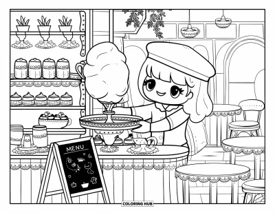 Kolorowanka z watą cukrową dla dorosłych: Baristka w stylu chibi podaje watę cukrową w uroczej kawiarni z półkami i roślinami w filiżankach