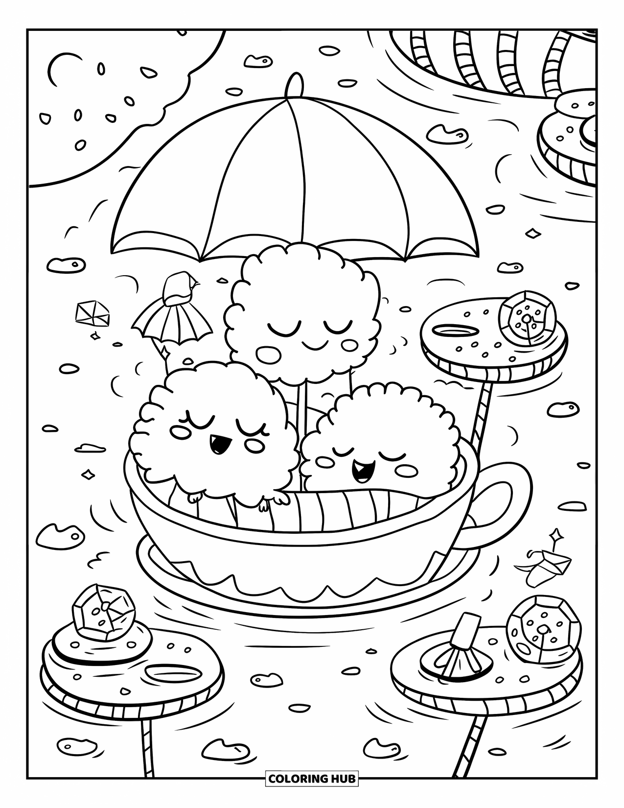 Cotton Candy Coloring Page for Adults: Cotton candy creatures relax in a teacup boat sailing across a marshmallow river