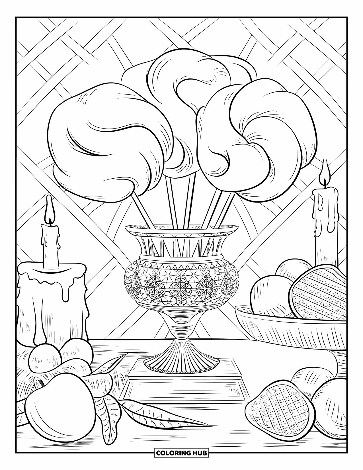 Cotton Candy Coloring Page for Adults: Cotton candy in a crystal vase sits among fruit and a candle on a wooden stand
