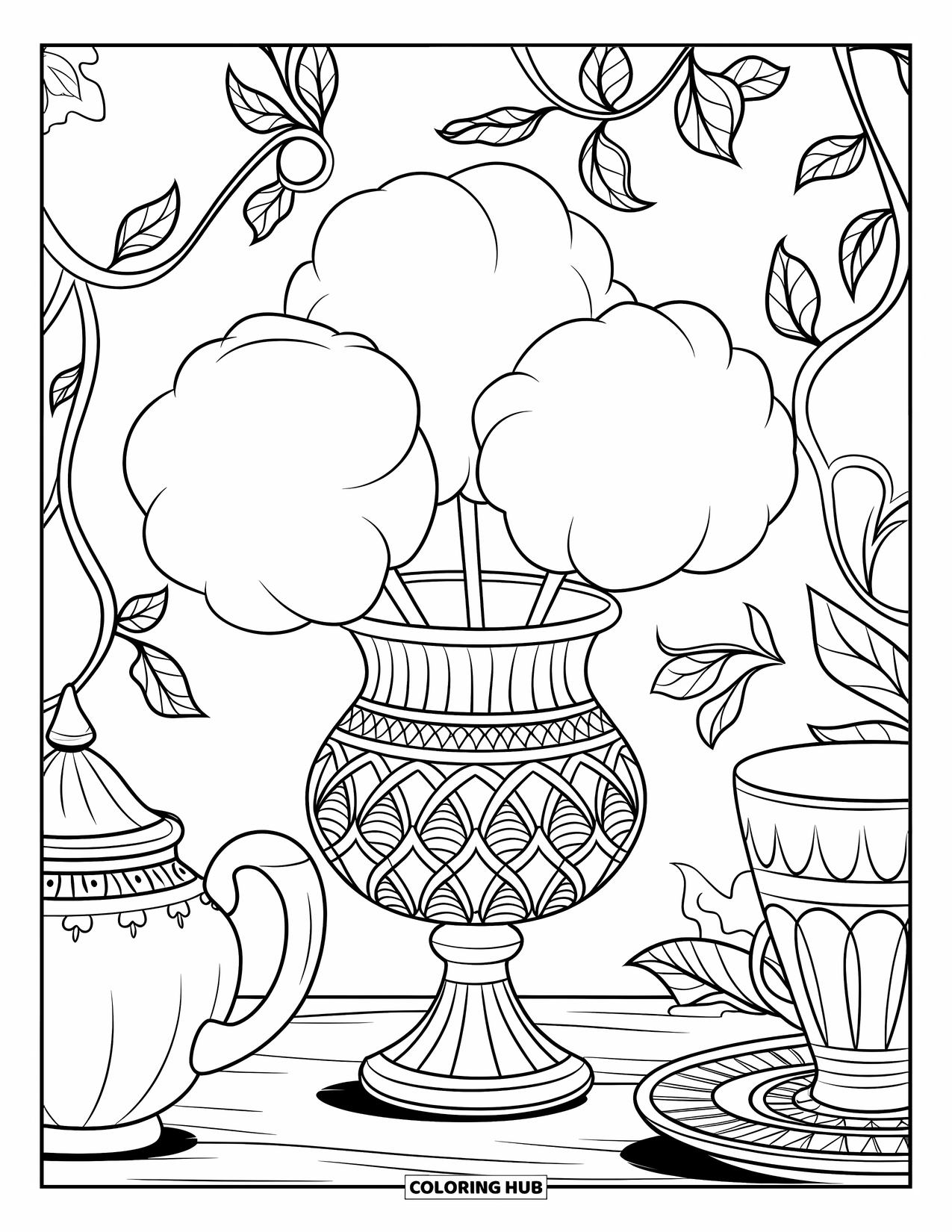 Cotton Candy Coloring Page for Adults: Cotton candy in a crystal vase surrounded by a teapot, mug, and leafy background