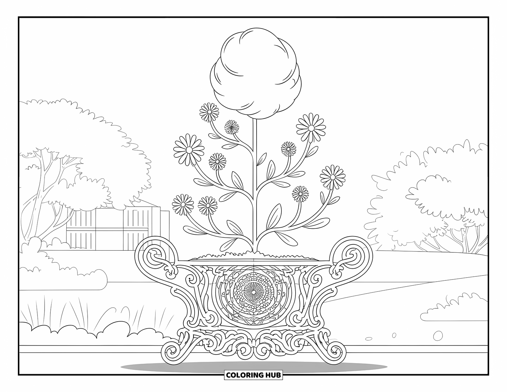 Cotton Candy Coloring Page for Adults: Cotton candy shaped like a floral topiary sits in a detailed wrought-iron planter