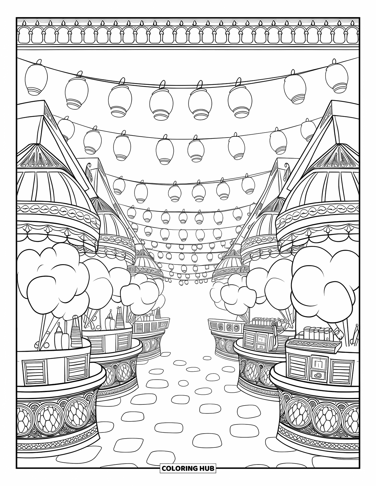 Cotton Candy Coloring Page for Adults: Cotton candy vendors line cobblestone streets beneath hanging lanterns and patterns
