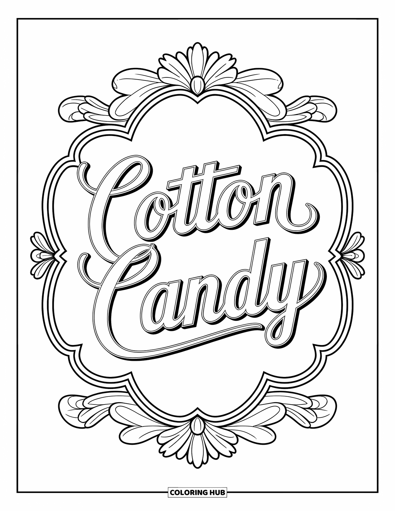 Cotton Candy Coloring Page for Adults: Elegant cotton candy sign with cursive text inside a decorative floral frame