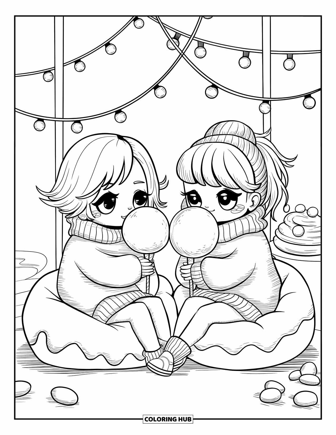 Cotton Candy Coloring Page for Adults: Two chibi friends enjoy cotton candy on sweet-shaped beanbags under string lights