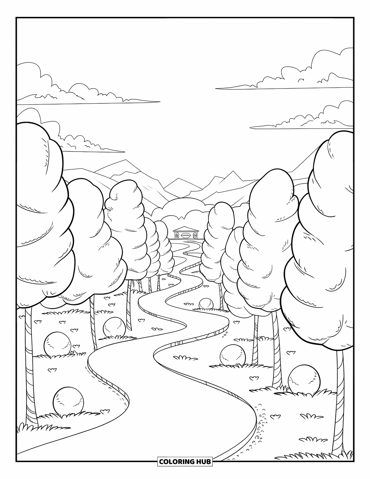 Cotton Candy Coloring Page for Adults: Winding paths lead past cotton candy trees toward mountains and a distant building