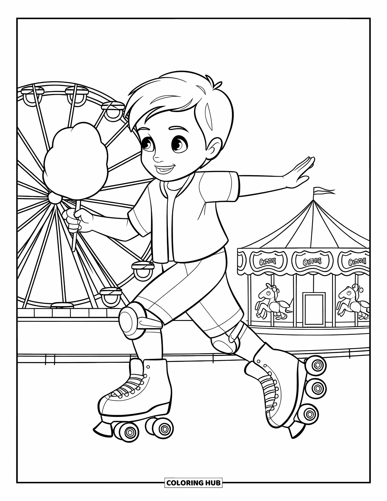 Cotton Candy Coloring Page for Kids: A boy roller skates with cotton candy through a fun carnival with rides in the background