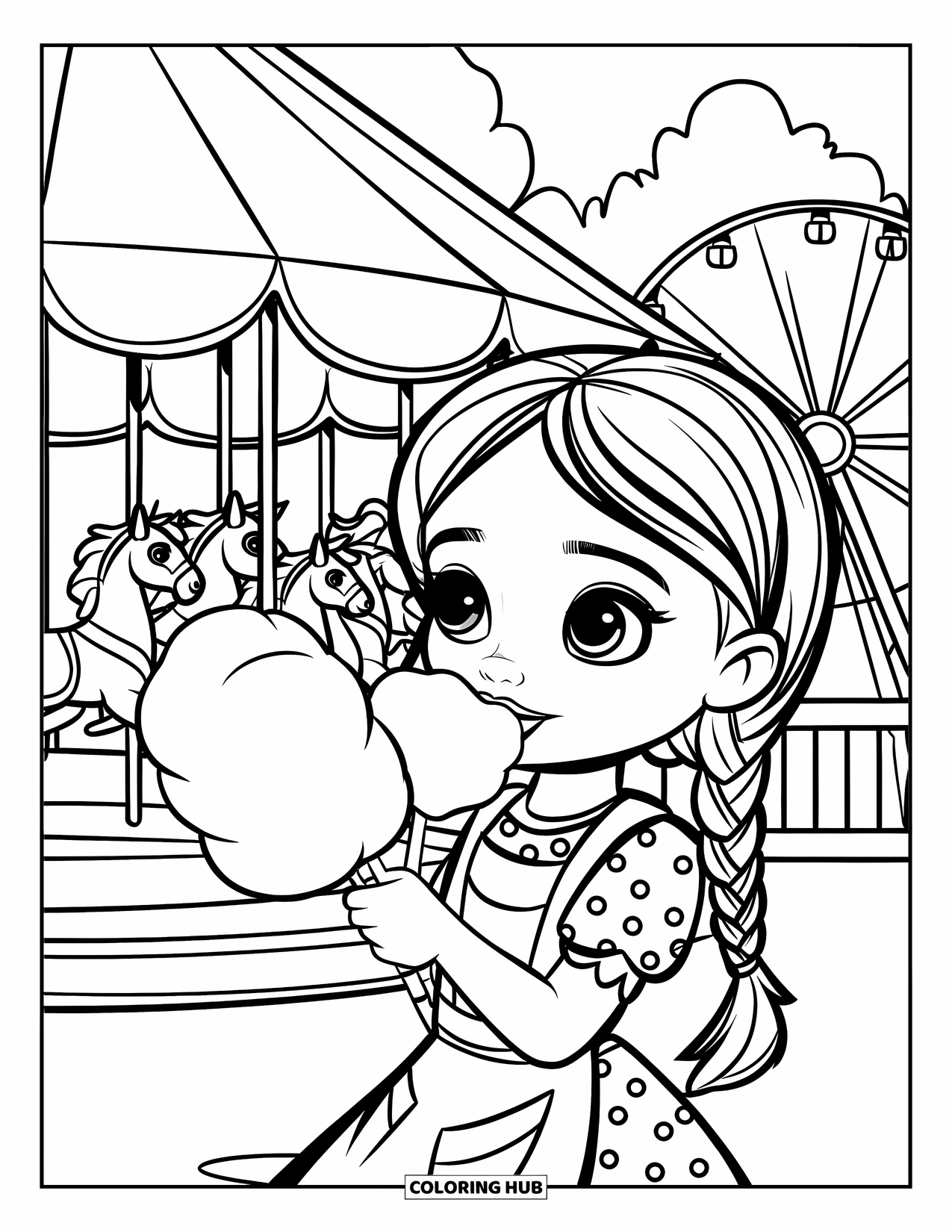 Cotton Candy Coloring Page for Kids: A braided girl in a polka dot dress enjoys cotton candy near trees and a clock tower