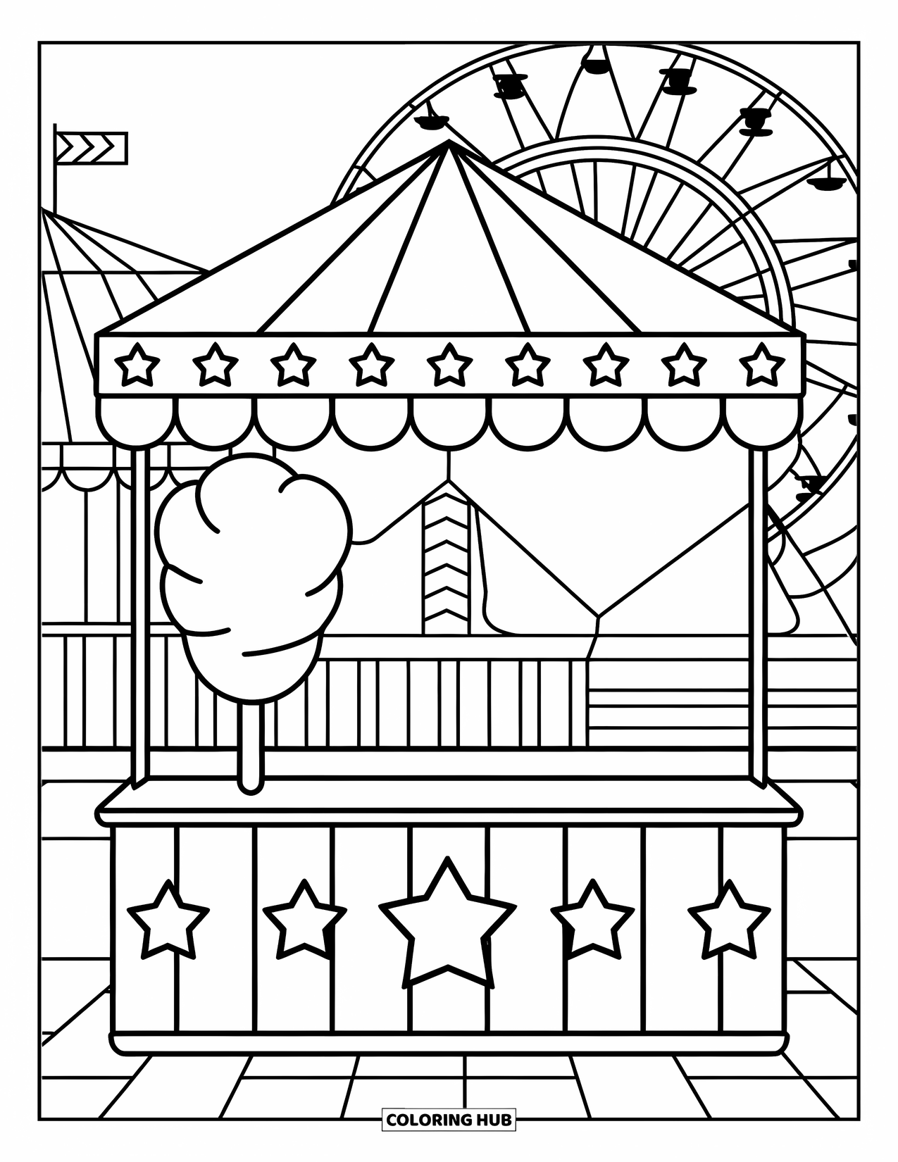 Cotton Candy Coloring Page for Kids: A carnival stand displays cotton candy under a star-patterned canopy near a Ferris wheel