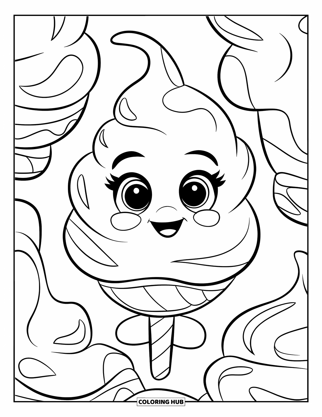 Cotton Candy Coloring Page for Kids: A cheerful cotton candy with a happy face is placed right in the middle