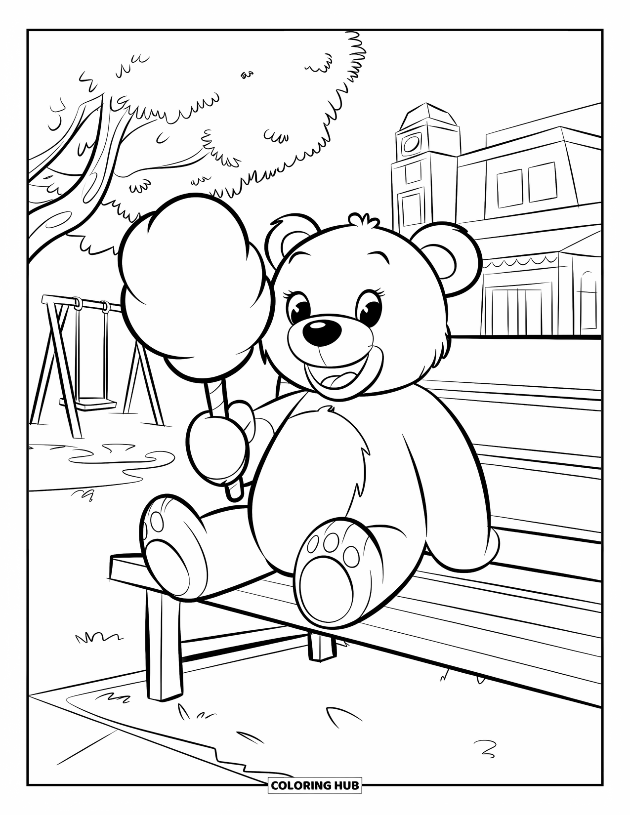 Cotton Candy Coloring Page for Kids: A cheerful teddy bear enjoys cotton candy on a bench near a swing and clock tower