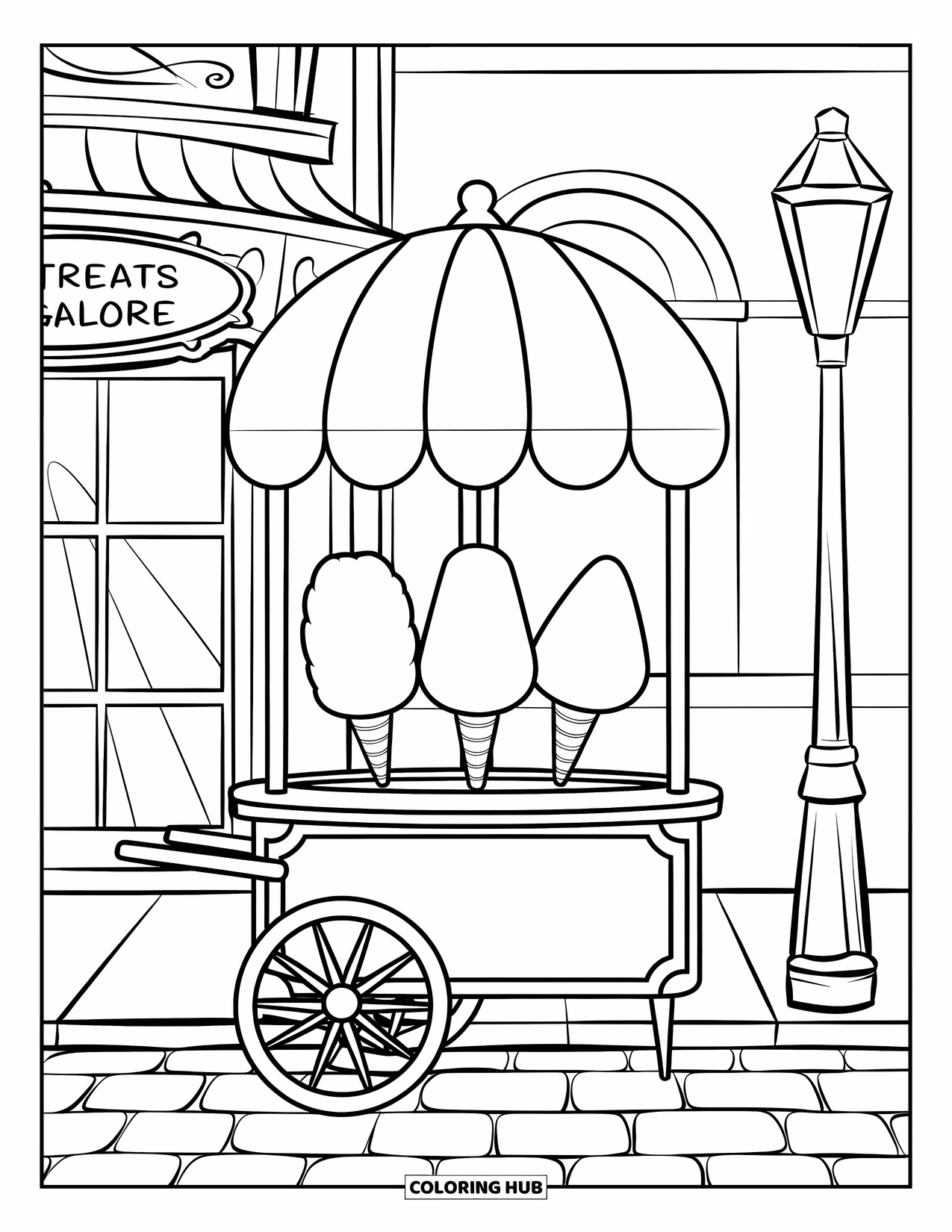 Cotton Candy Coloring Page for Kids: A cotton candy cart stands beside a lamp post near a shop called "Treats Galore"