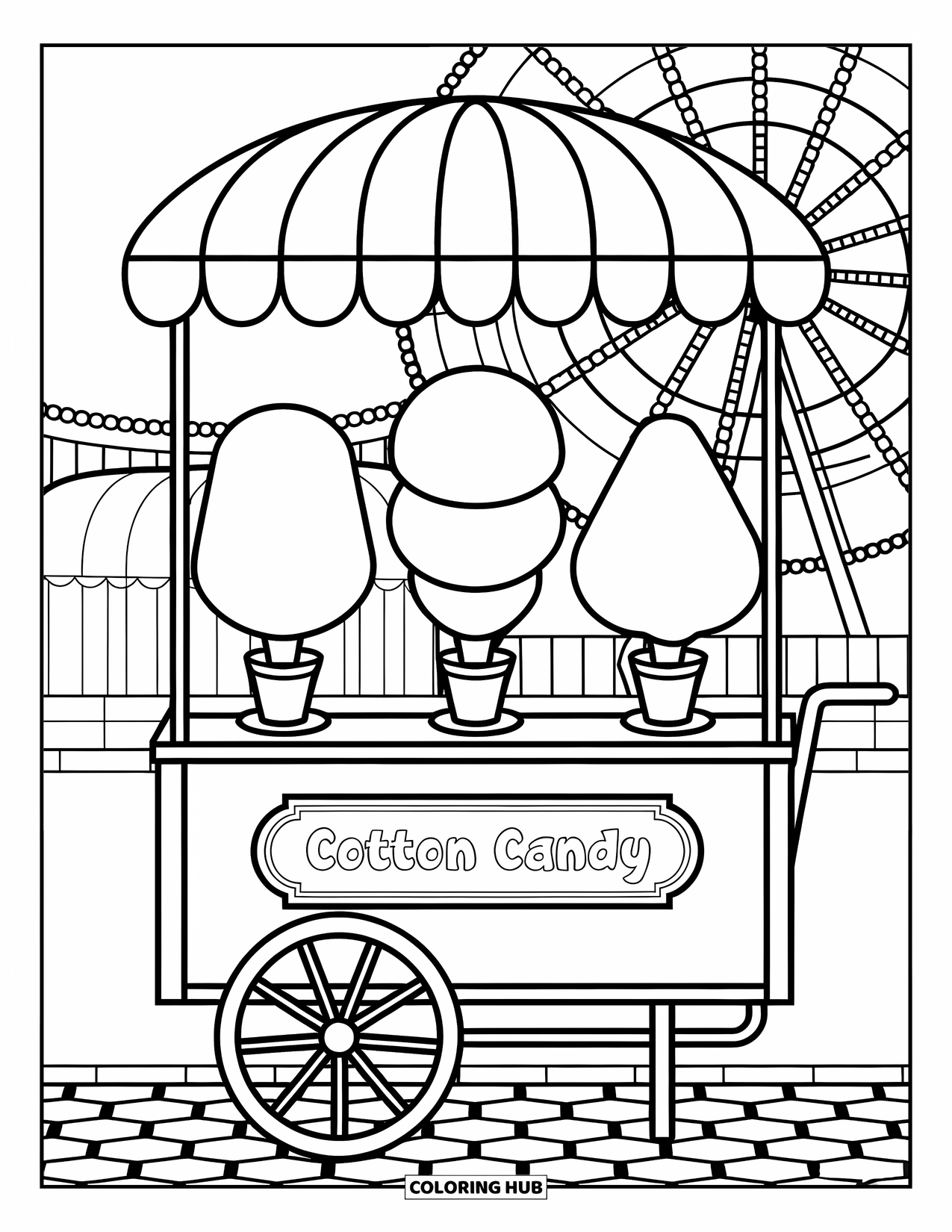 Cotton Candy Coloring Page for Kids: A cotton candy cart with different cone sizes rests at a fairground near carnival rides