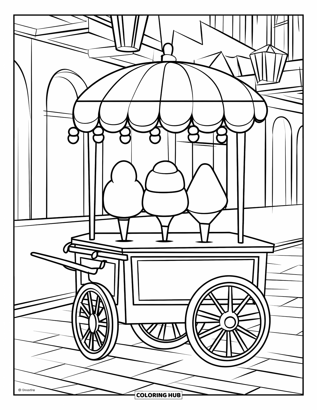 Cotton Candy Coloring Page for Kids: A cotton candy cart with three cone shapes sits on a cobblestone street under lanterns