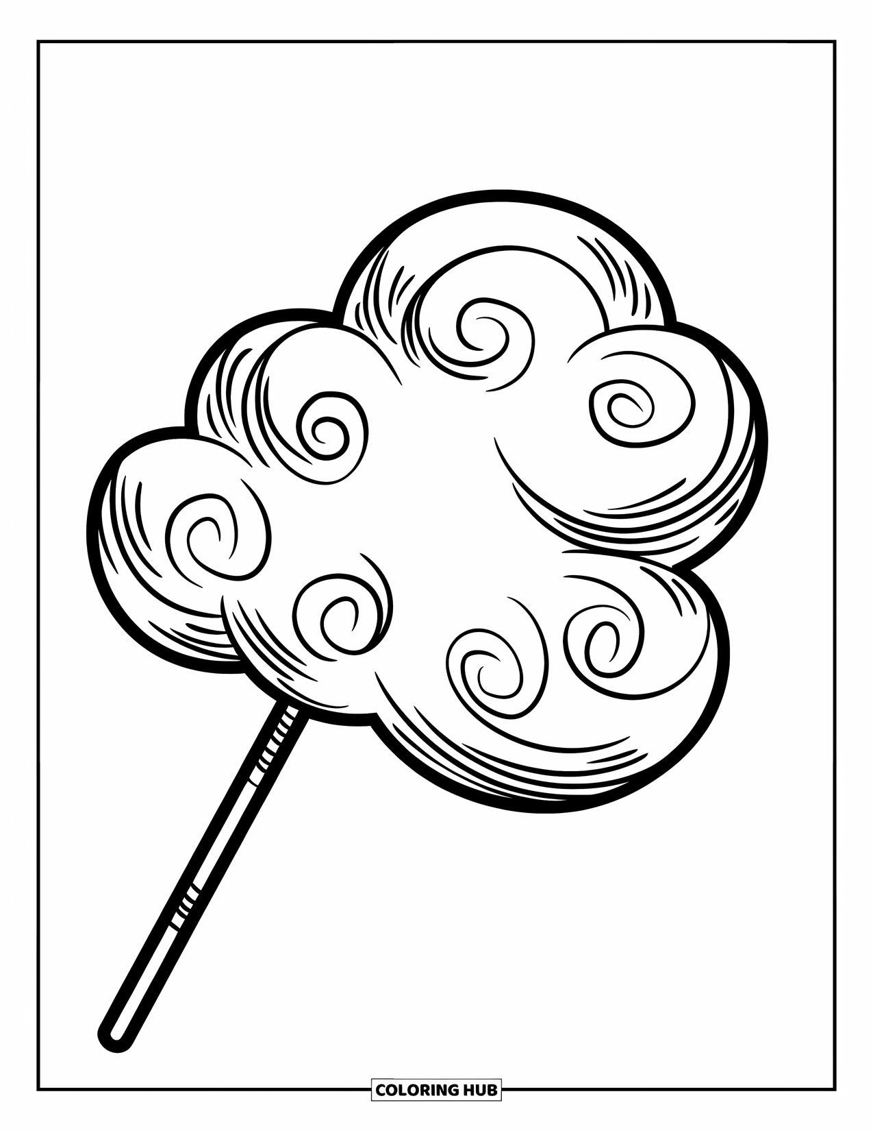 Cotton Candy Coloring Page for Kids: A cotton candy cloud with soft swirls sits on a stick, floating gently