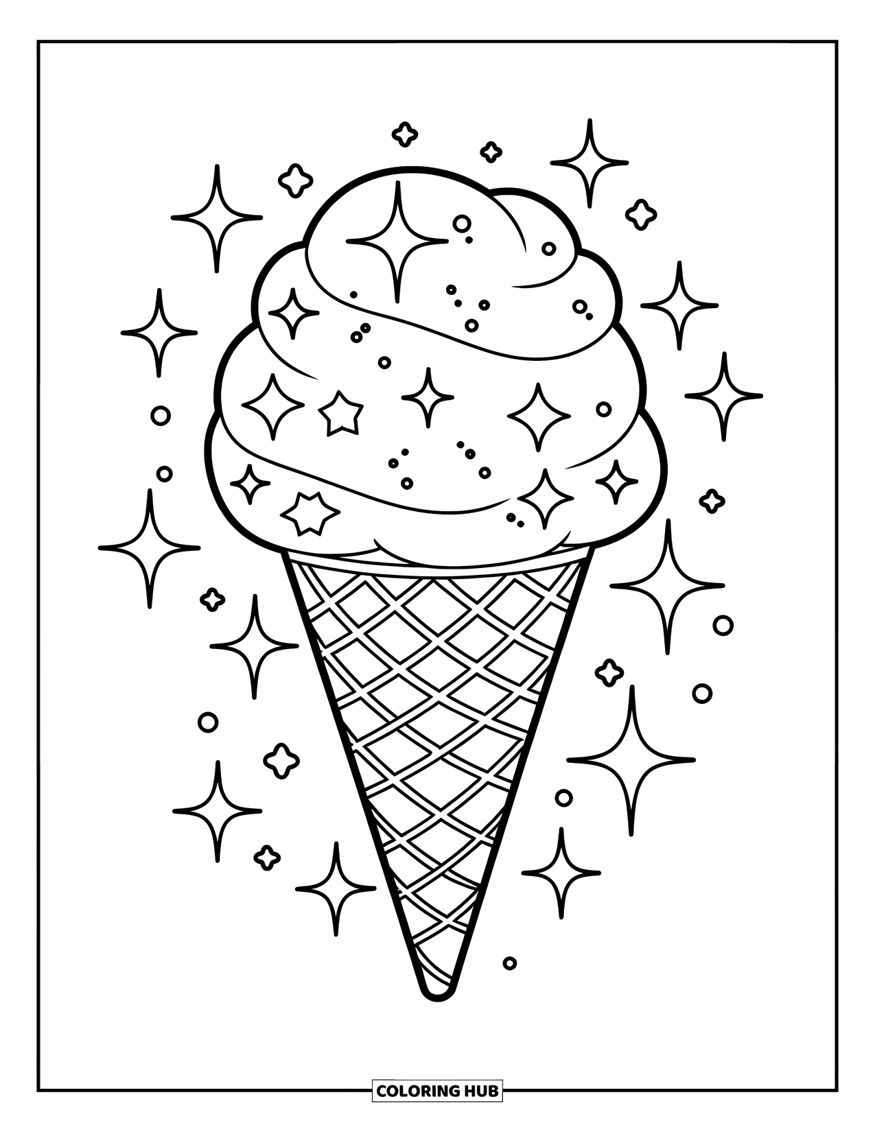 Cotton Candy Coloring Page for Kids: A cotton candy cone with sparkles and stars scattered around the scene
