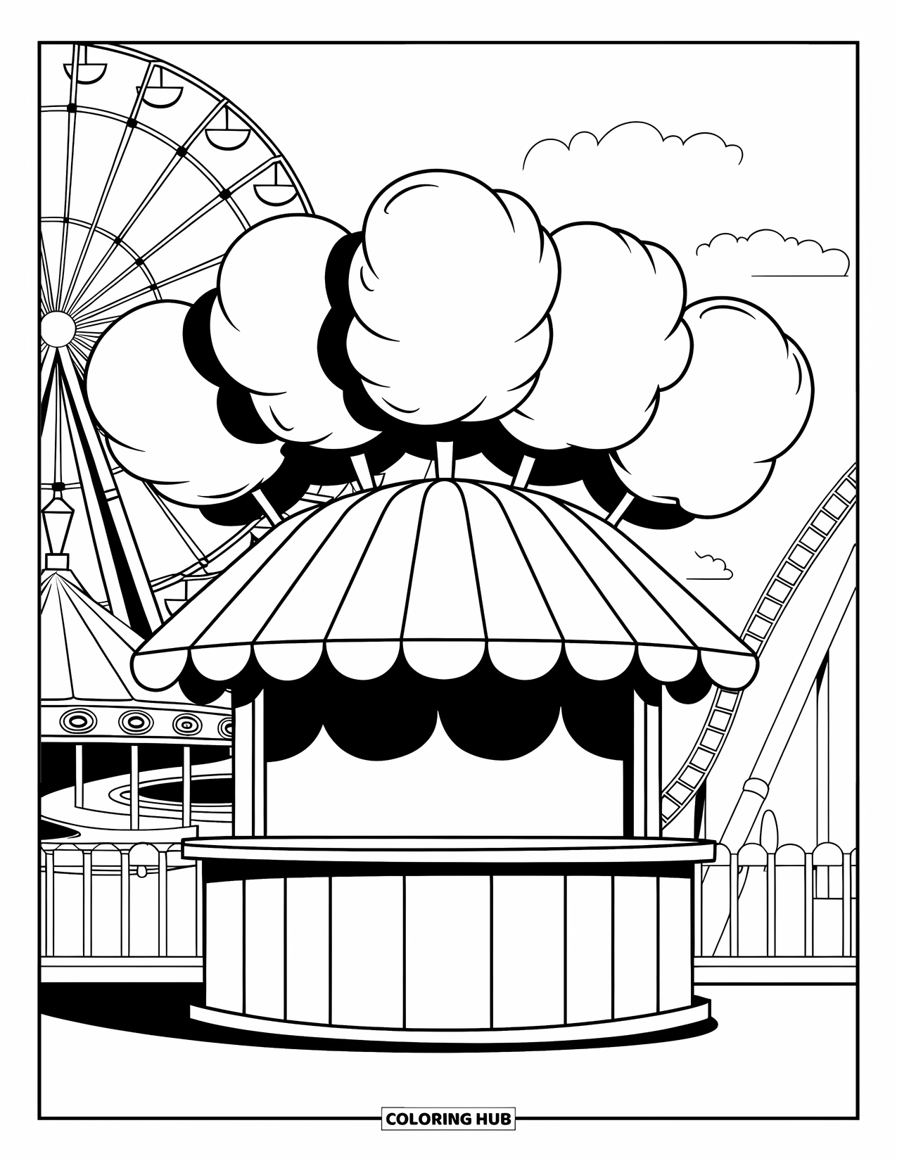 Cotton Candy Coloring Page for Kids: A cotton candy stand sits near a Ferris wheel, carousel, and roller coaster