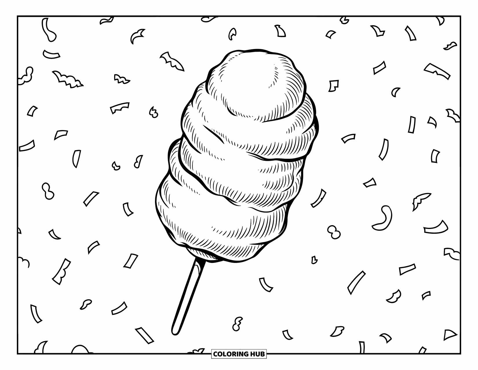 Cotton Candy Coloring Page for Kids: A fluffy cotton candy is surrounded by scattered confetti shapes in a happy scene