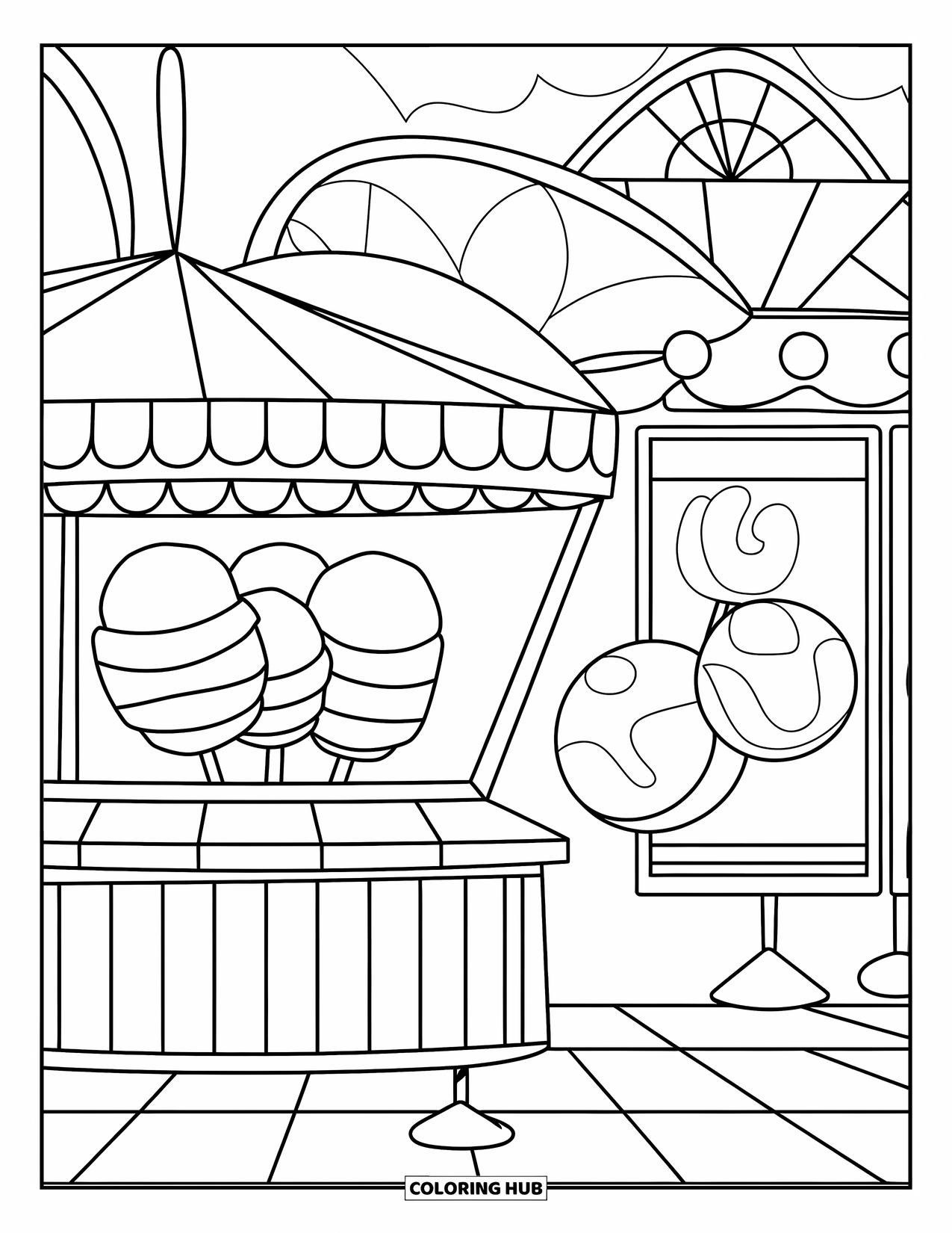 Cotton Candy Coloring Page for Kids: A fun cotton candy stand with a triangle top stands near carnival games