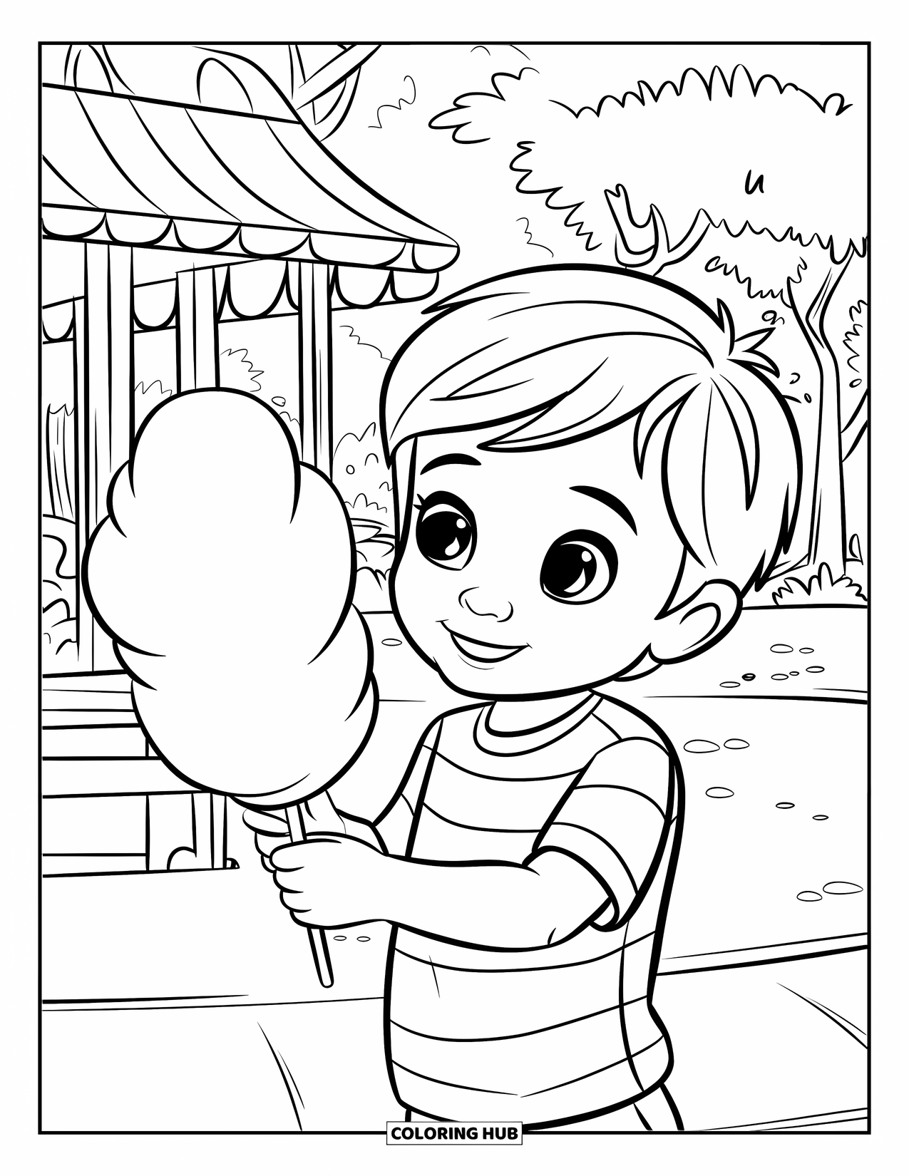 Cotton Candy Coloring Page for Kids: A happy child with cotton candy stands in a park with trees and a wooden structure