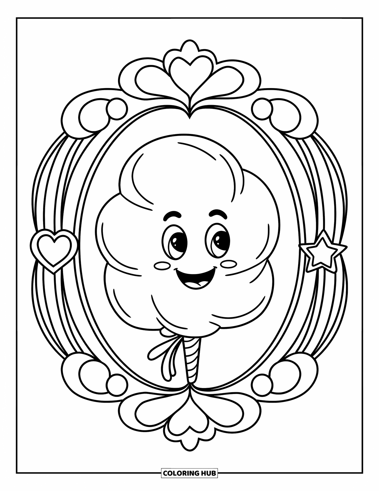 Cotton Candy Coloring Page for Kids: A happy cotton candy with a face is framed by hearts, stars, and fancy designs