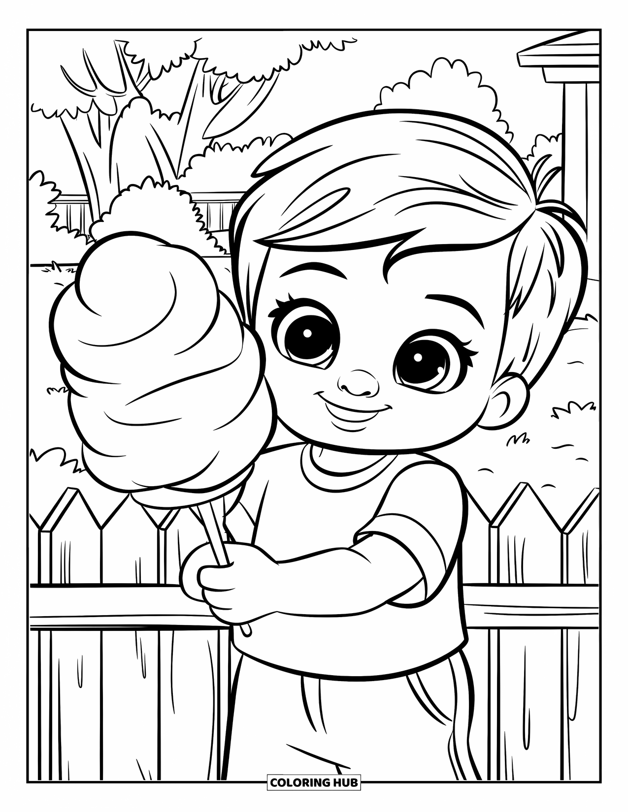 Cotton Candy Coloring Page for Kids: A smiling child holds cotton candy at the park near trees, a fence, and a building
