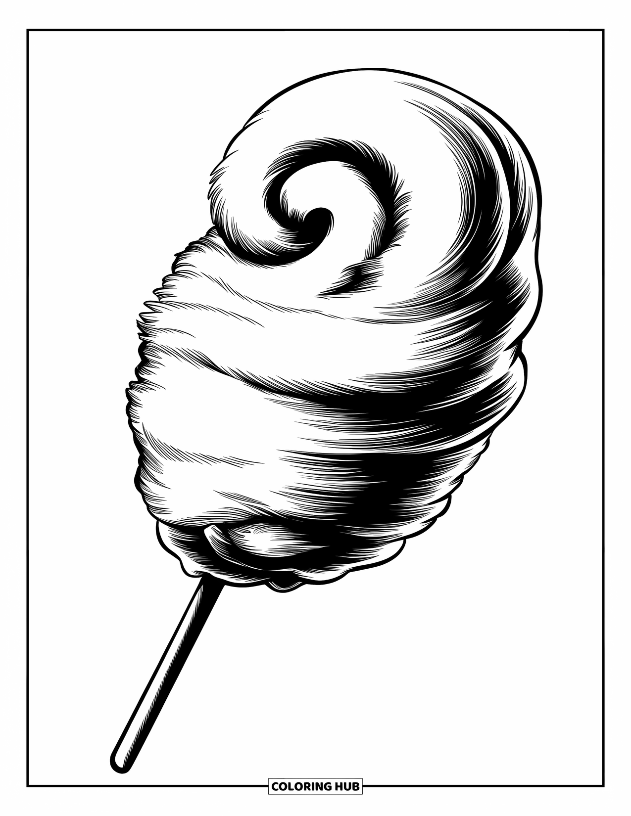Cotton Candy Coloring Page for Kids: A swirled cotton candy on a stick with a soft, rounded look