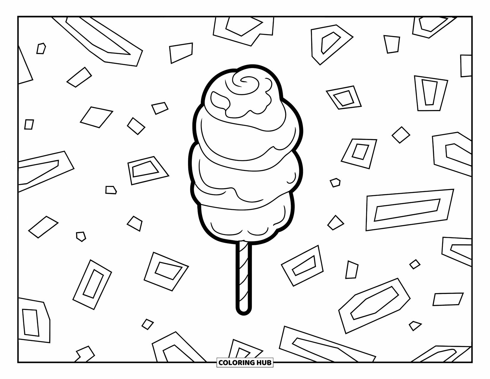 Cotton Candy Coloring Page for Kids: Cotton candy on a stick floats with confetti shapes all around it