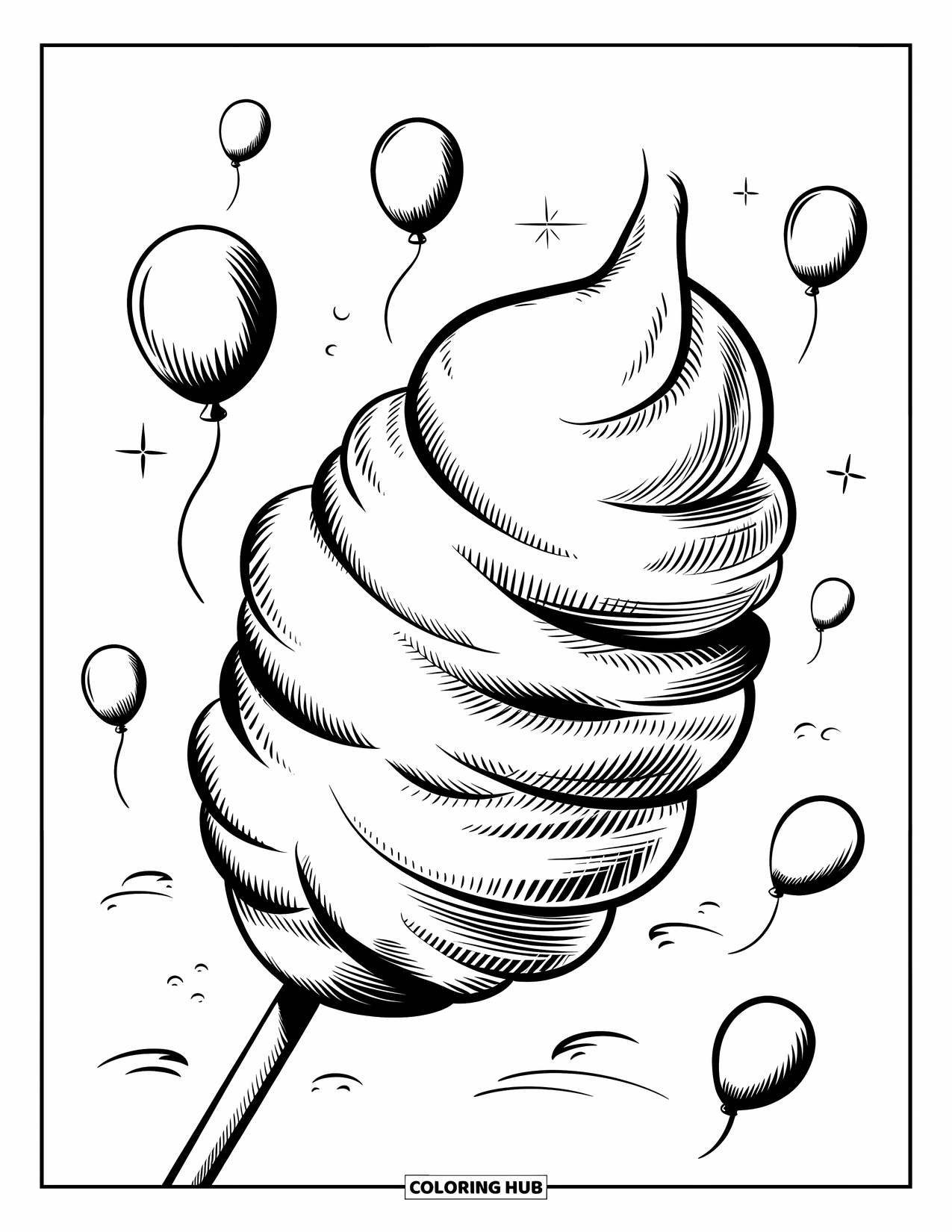 Cotton Candy Coloring Page for Kids: Cotton candy on a stick with little balloons drifting gently around it