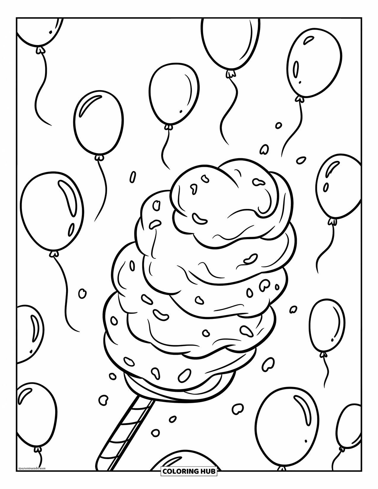Cotton Candy Coloring Page for Kids: Tiny balloons float around a cotton candy swirl in the sky