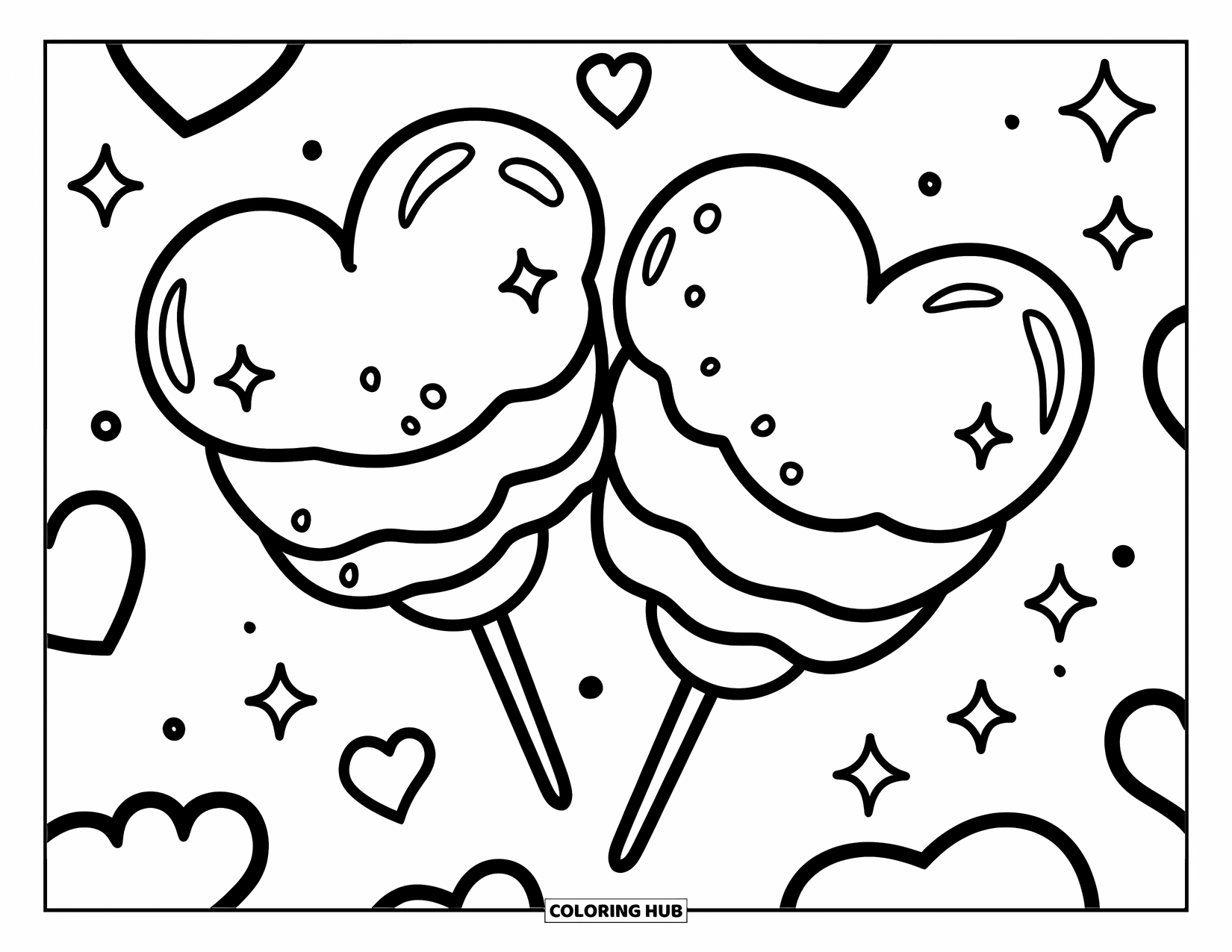 Cotton Candy Coloring Page for Kids: Two cotton candy hearts sparkle with tiny hearts floating around them