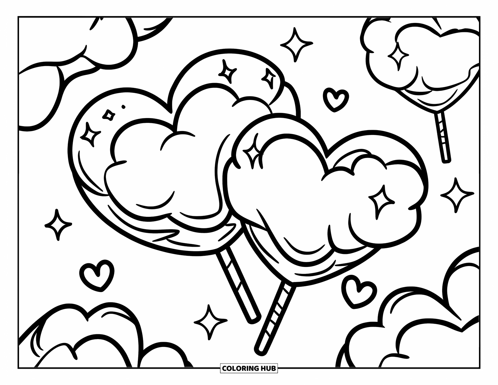 Cotton Candy Coloring Page for Kids: Two sparkling cotton candy hearts float with little hearts all around them