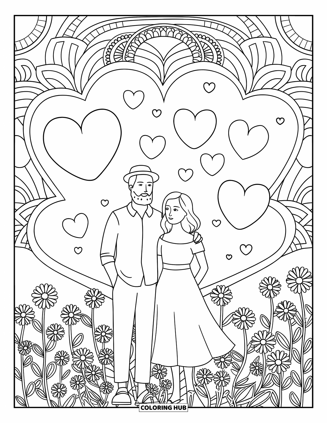 Couple Coloring Page for Adults: A bearded man and a woman stand in flowers with floating hearts and artistic details
