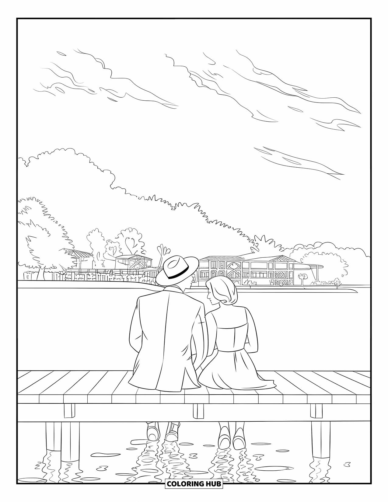 Couple Coloring Page for Adults: A couple relaxes on a dock, feet in the water, with trees and buildings behind them